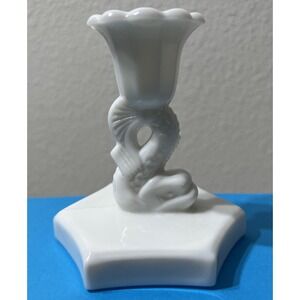 Westmoreland White Milk Glass Dragon Serpent Fish Koi Vintage Candlestick 4"Tall